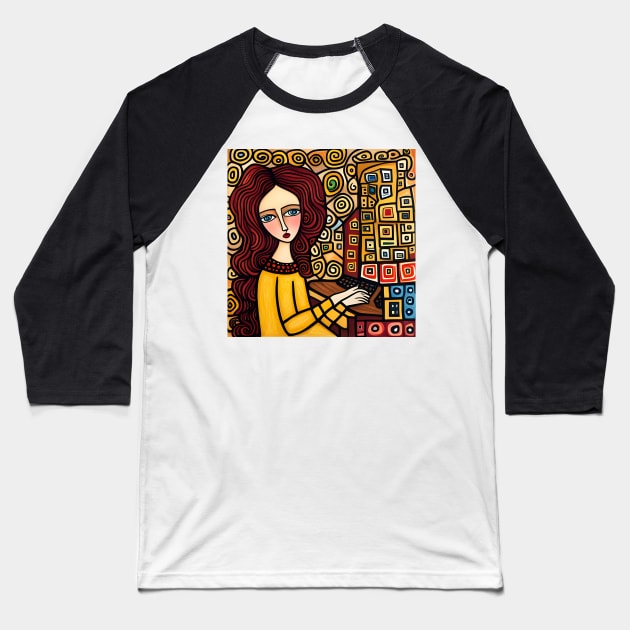 Young woman Typing Baseball T-Shirt by Colin-Bentham